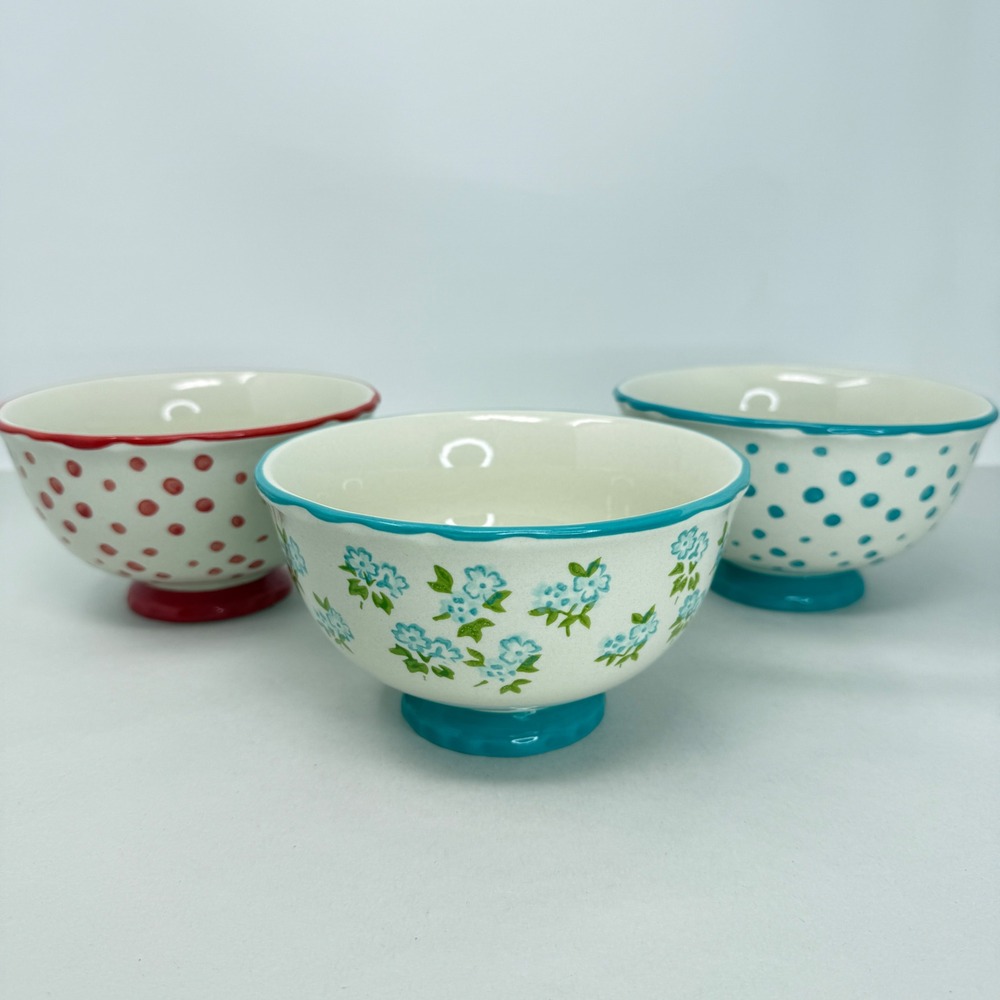 Pioneer Woman Footed Bowls Set of 3 Floral Polka Dot Stoneware Scalloped Rim